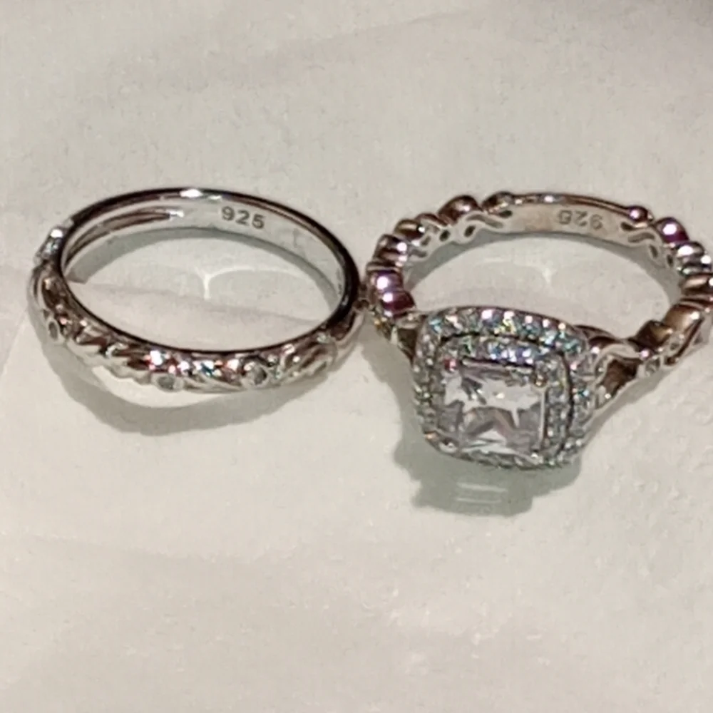 Sterling Silver Engagement And Wedding Band Ring Set/NWOT/Cocktail Ring & Band - Picture 7 of 16